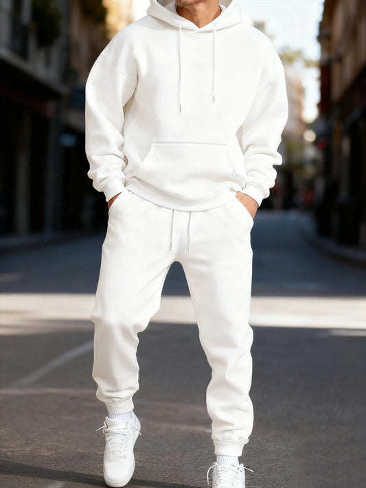 Felpa Con Cappuccio Da Uomo Set Invernale Due Pezzi Tinta Unita Abbigliamento Da Strada Sportivo Casual