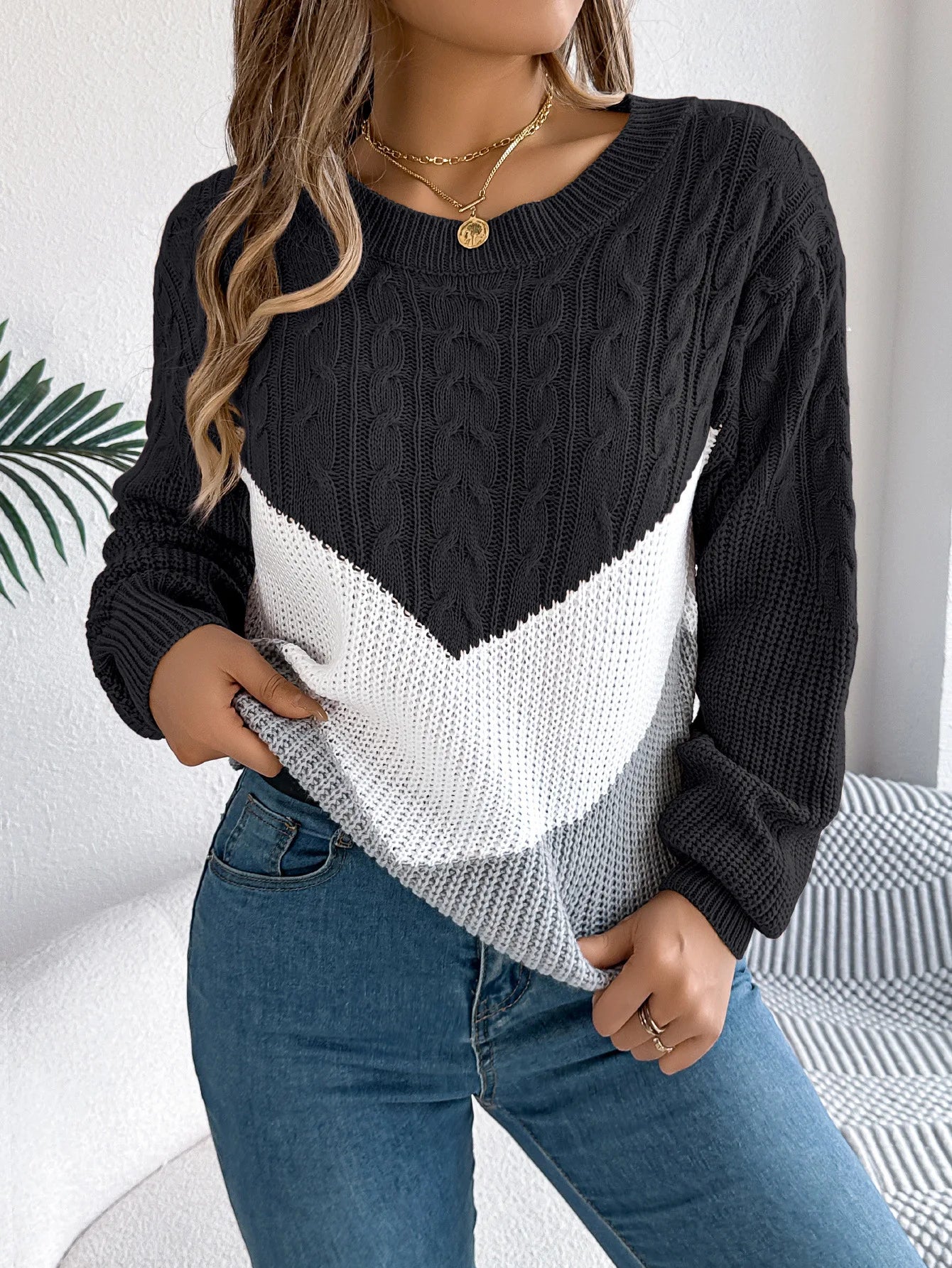 Pullover Lavorato A Maglia Autunno Inverno Color Block Manica Lanterna Collo A O Jersey Donna Elegante