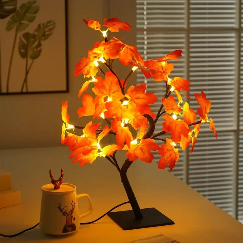 Lampada Albero Fatato Da Tavolo A LED Con 24 Luci Rosa E Foglie Di Acero Decorazione Romantica USB Per Nozze Halloween