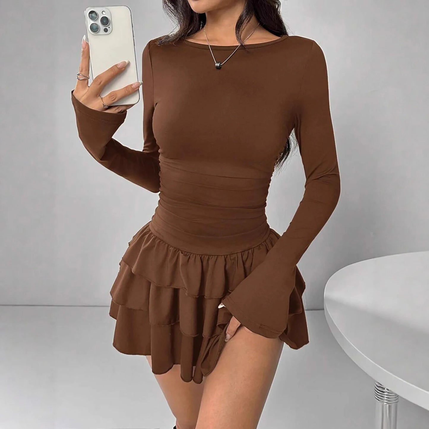 Abito Da Donna Slim Fit Autunno Inverno Midi Vita Alta Empire Tinta Unita Con Increspature E Maniche Svasate