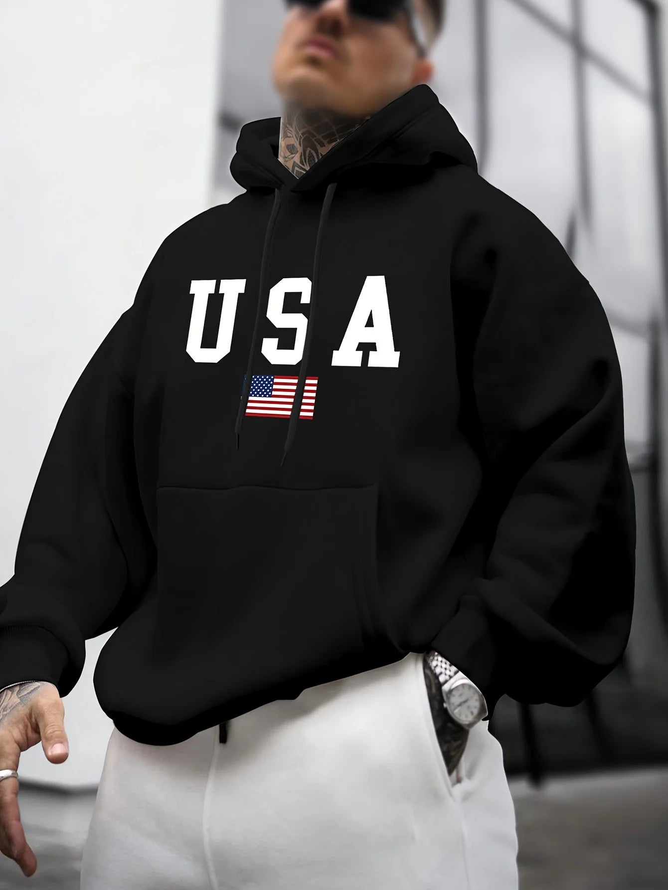 Felpa Con Cappuccio Da Uomo A Maniche Lunghe Con Stampa Grafica Bandiera Americana Allentata Caldo Autunno Inverno