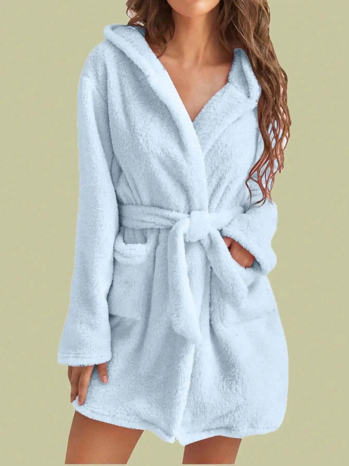 Vestaglia Da Donna Con Cappuccio Tinta Unita Con Cintura Calda E Morbida Per Casa Autunno Inverno