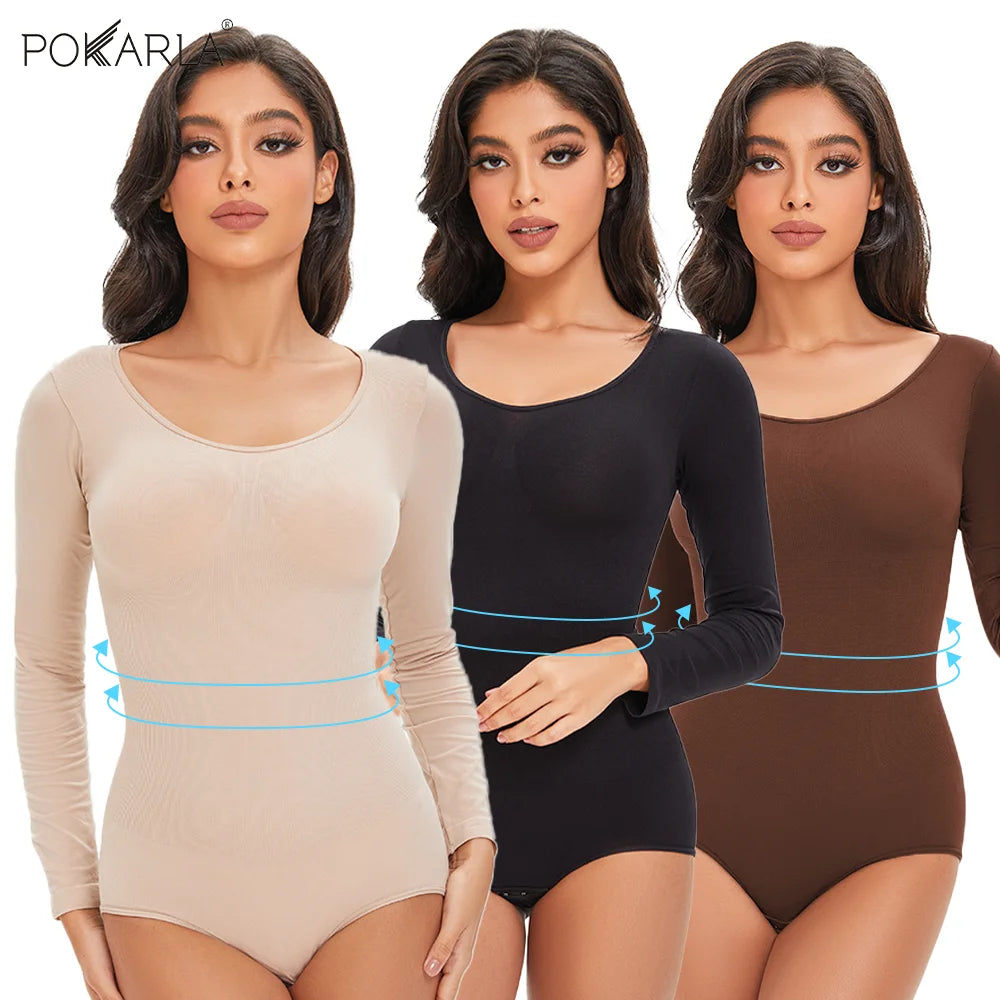 Pokarla Body Suit Spandex Elastico Shapewear Donna Controllo Pancia Manica Lunga Cavallo Aperto Girocollo Shaper