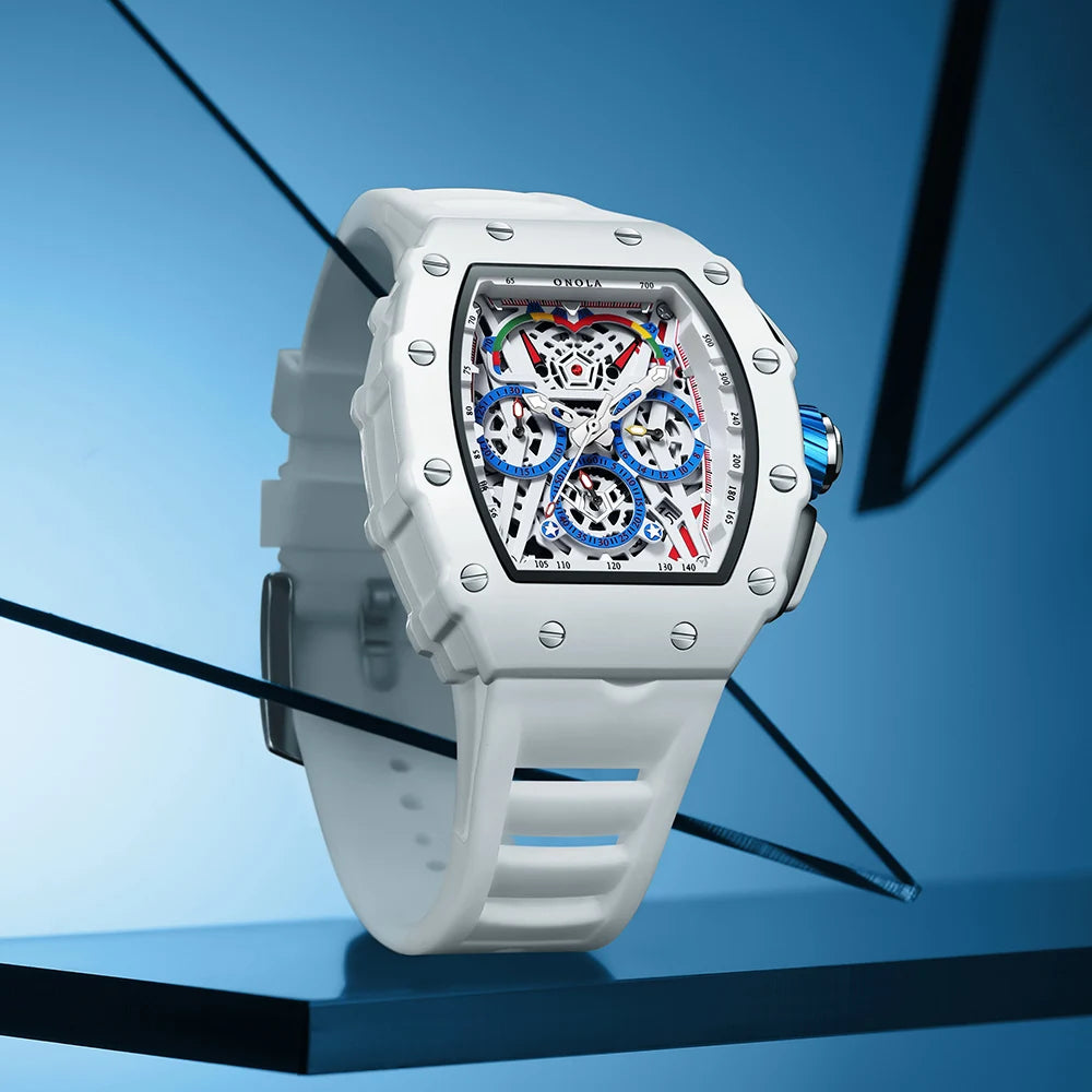 Orologio Da Uomo Di Lusso Onola Moda Casual Cinturino In Silicone Multifunzione Quarzo Impermeabile Bianco