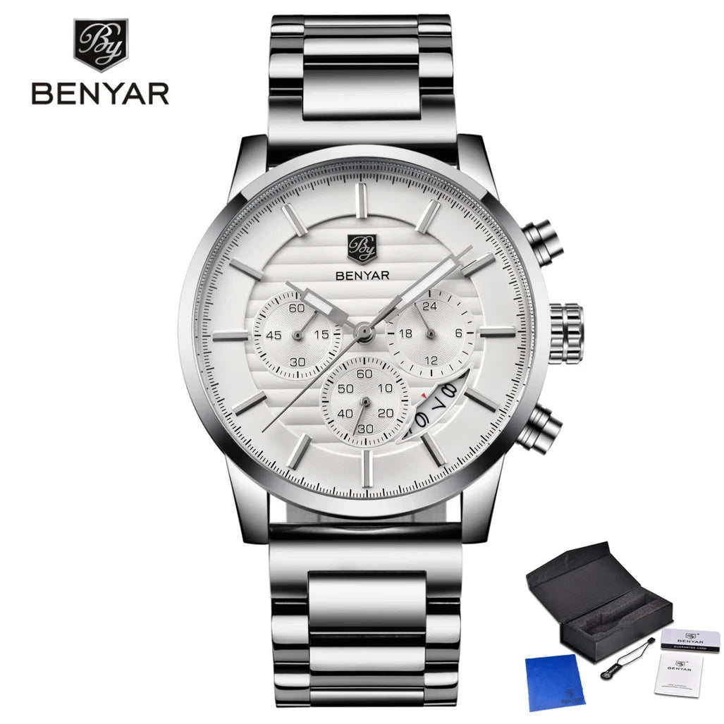 Orologio Da Uomo BENYAR Al Quarzo In Pelle Impermeabile Multifunzione Cronografo calendario Resistente Agli Urti