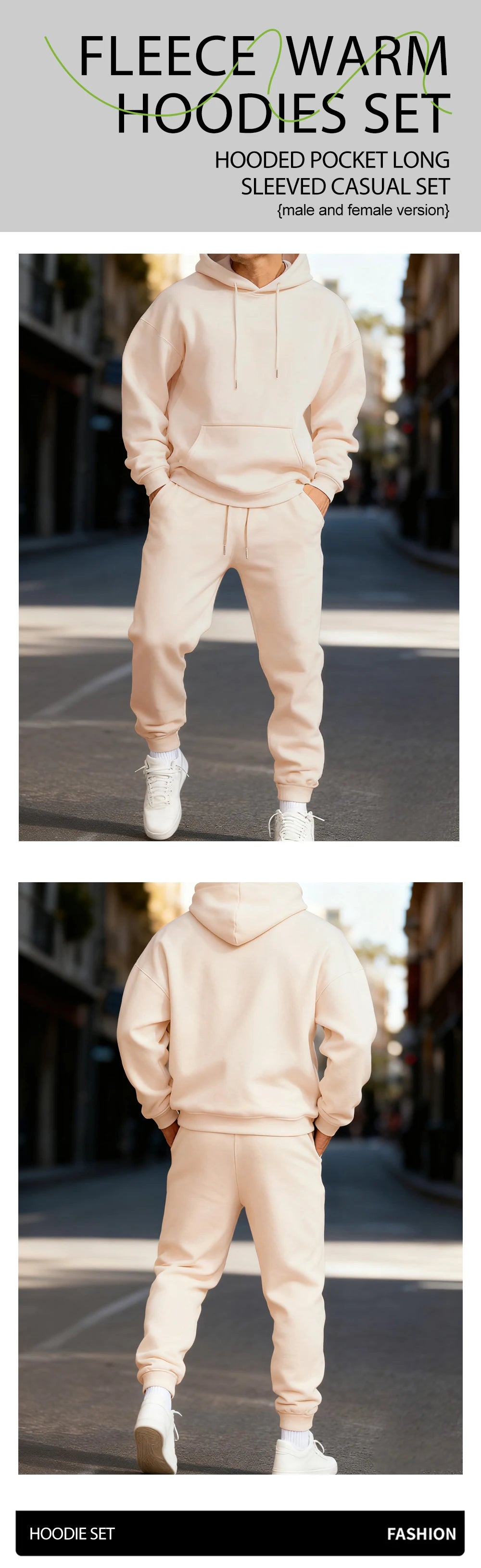 Felpa Con Cappuccio Da Uomo Set Invernale Due Pezzi Tinta Unita Abbigliamento Da Strada Sportivo Casual