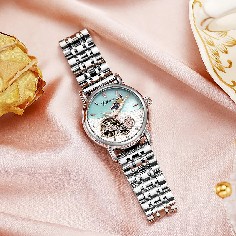 Orologio Da Donna Automatico Impermeabile Con Fasi Lunari E Fiori Girevoli Lusso Di Marca Pregiata