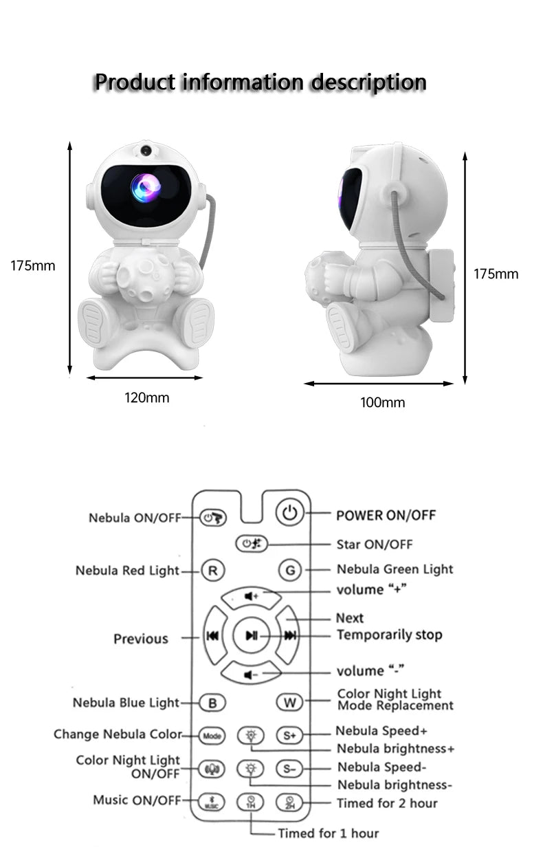 Proiettore galassia astronauta Proiettore luce notturna stella e luna Timer remoto Bluetooth 360 ° Angolo regolabile per regalo per bambini in camera da letto
