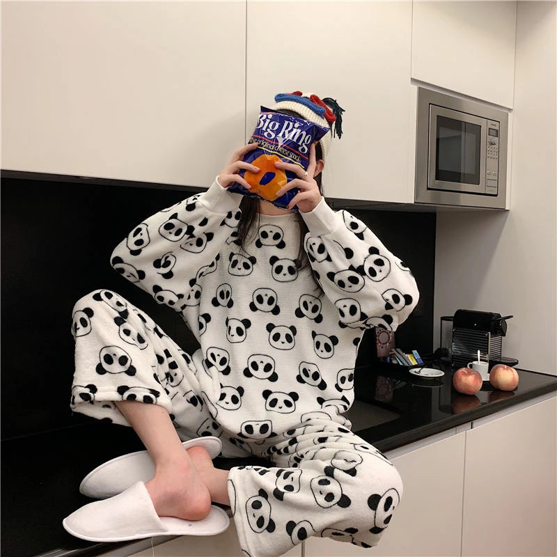 Pigiama Da Donna Caldo In Pile Set Pigiama Invernale Morbido Top Solido E Pantaloni Scozzesi Per Casa
