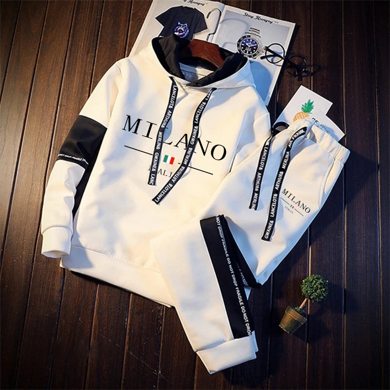 Tuta Da Uomo Monopezzo Con Cappuccio Stampa Casual Nero Bianco Abbigliamento Sportivo Autunno Inverno