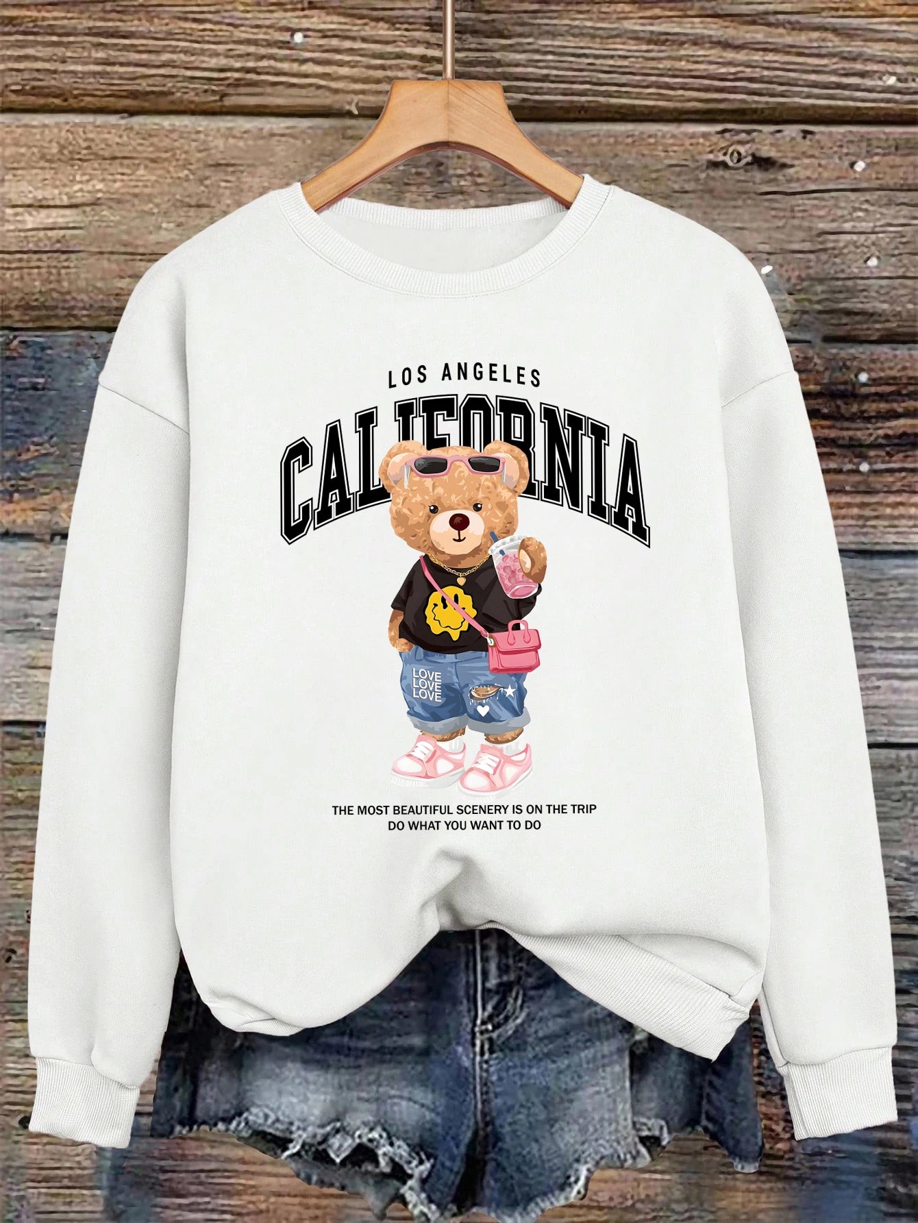 Orsetto Bere Tè Al Latte Stampato Pullover Da Donna Con Collo A O Felpa In Pile Streetwear Autunno