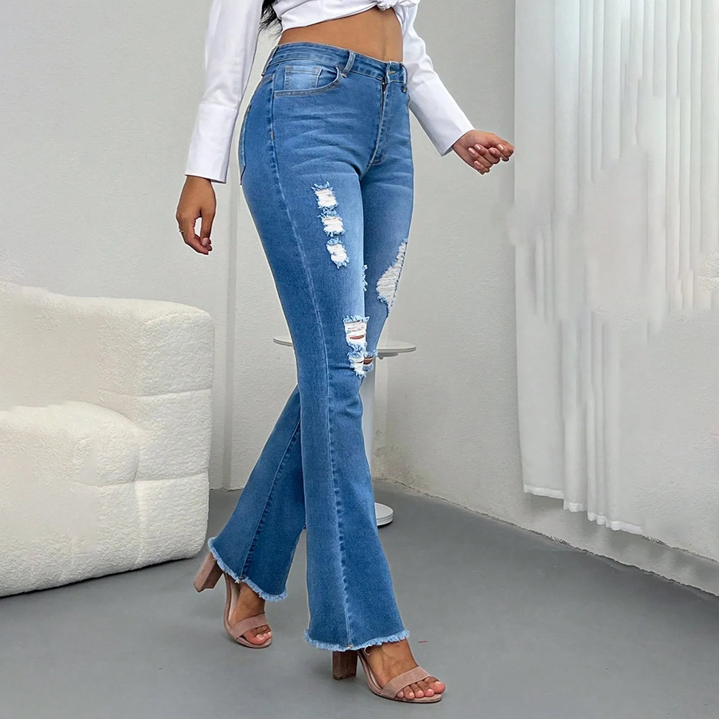 Jeans Da Donna Slim Fit High Waist Strappi Retrò In Denim Tinta Unita Con Tasche