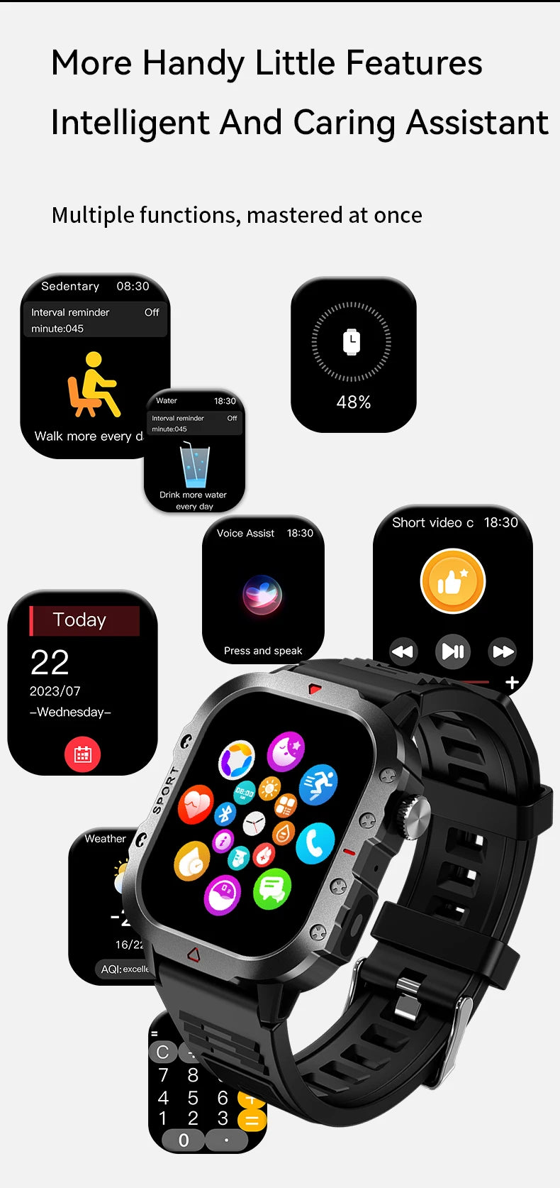 LAXASFIT Orologio Militare Da Uomo Smartwatch Con Schermo Touch HD Da 2.01 Pollici Chiamata Vocale Bluetooth