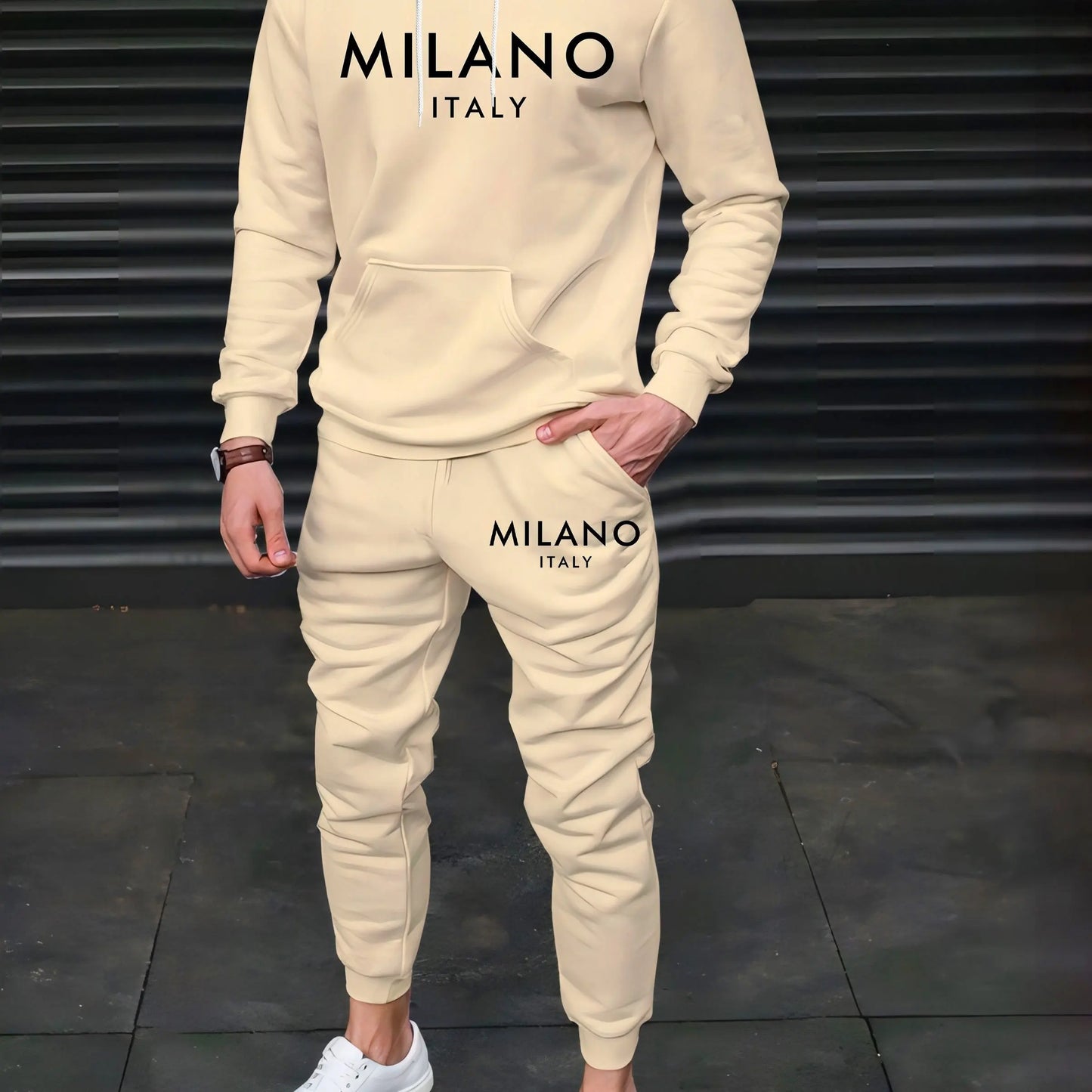 Felpa Sportiva Da Uomo Autunno Inverno Calda In Velluto Spesso Stampa Lettera Milano Italia E Set Pantaloni Della Tuta