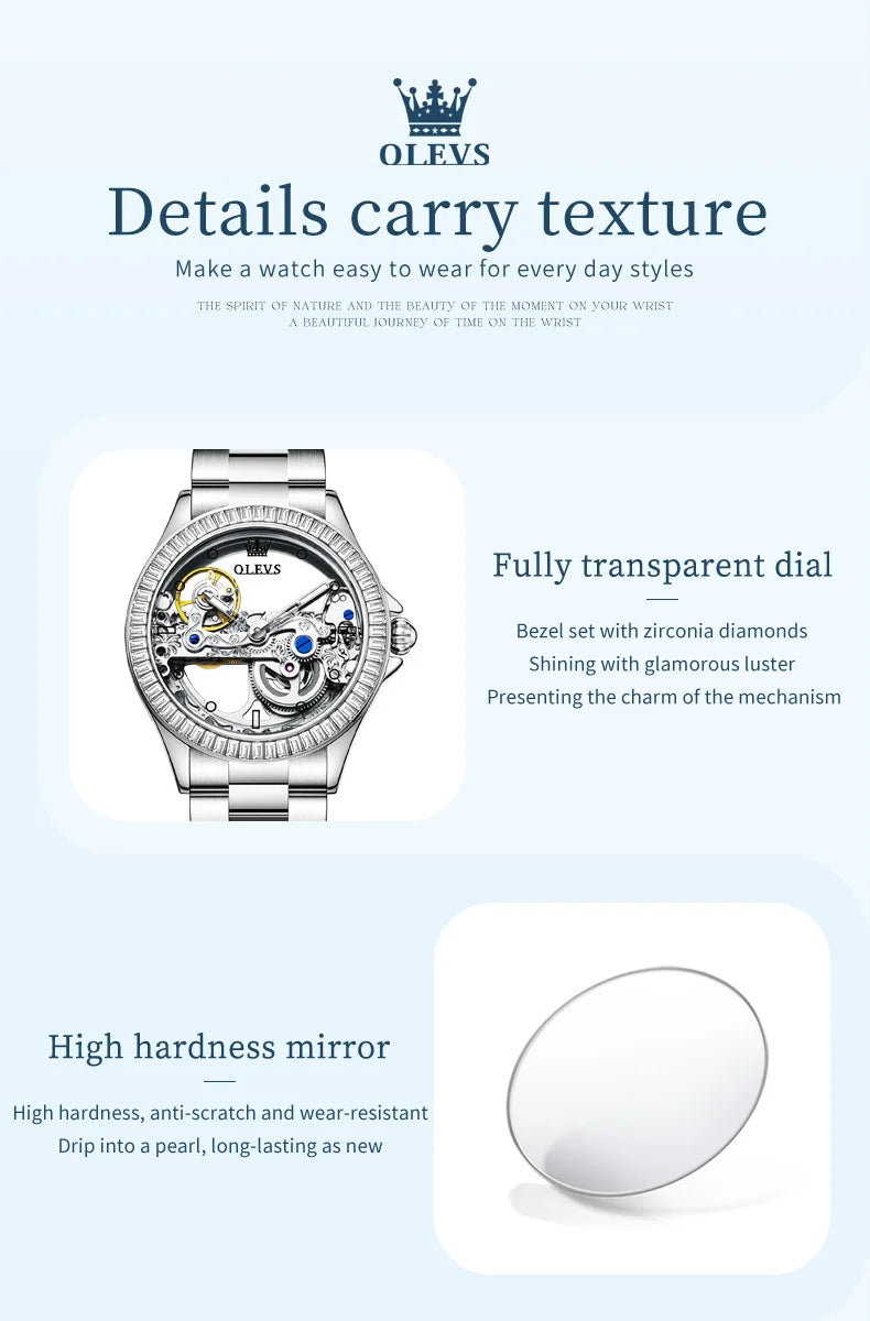 OLEVS 6699 Orologio Meccanico Da Donna Con Lunetta Diamanti Lusso Automatico Di Marca
