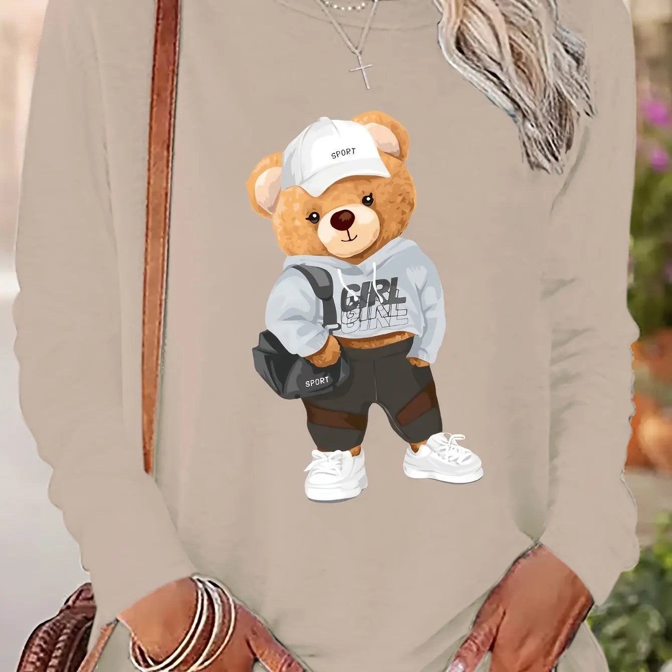 Maglietta Donna Primavera Autunno Cotone Moda Casual Allentata Orso Cartone Stampa Girocollo Manica Lunga