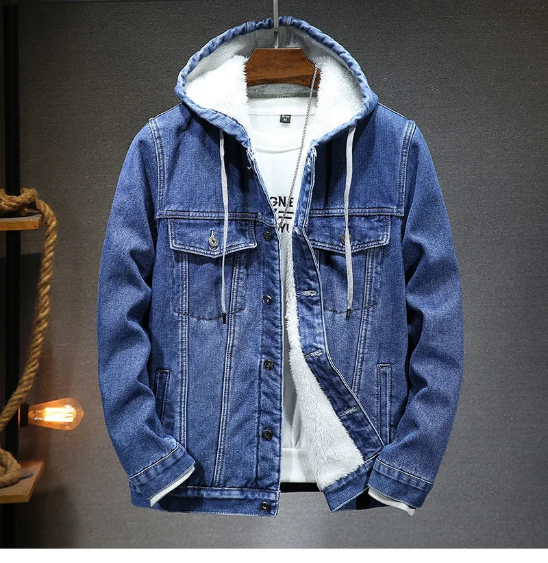 Giacca Jeans Uomo Invernale Termica Spessa Con Cappuccio In Pile Denim Casual Fit Trend