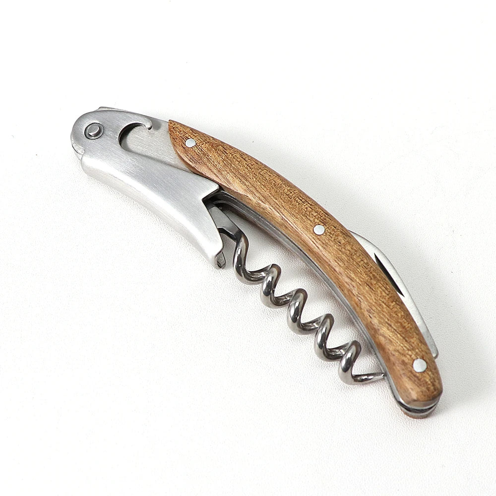 Set Apribottiglie in Legno Naturale 1 2 o 4 Pezzi Cavatappi Micro Serrato con Coltello Affilato per Vino e Birra