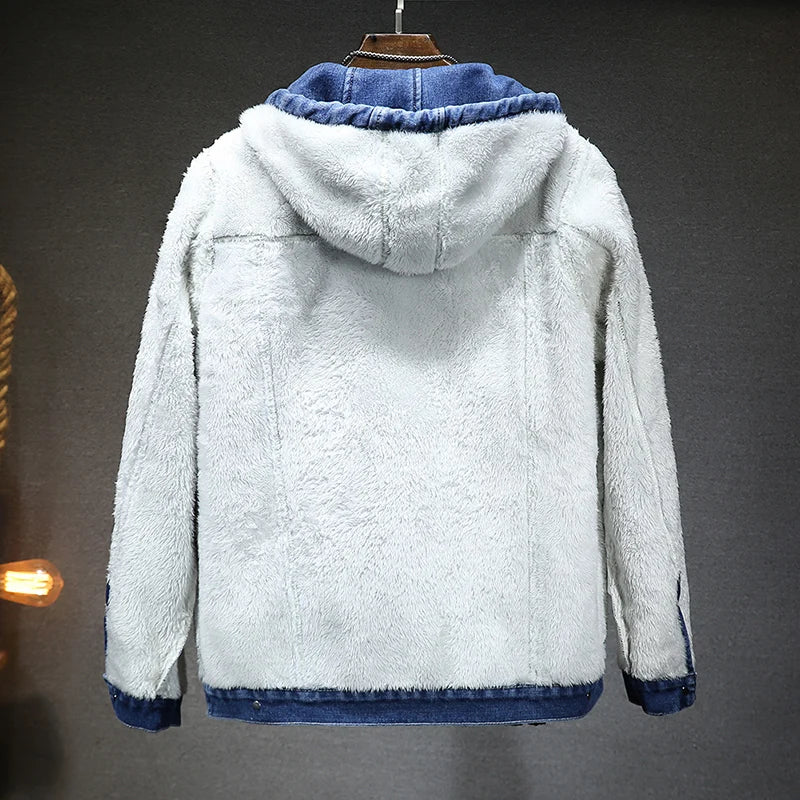 Giacca Jeans Uomo Invernale Termica Spessa Con Cappuccio In Pile Denim Casual Fit Trend