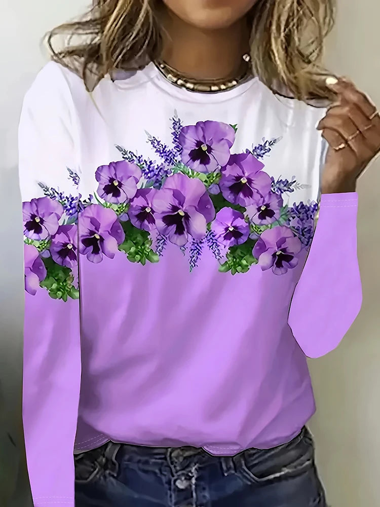 Magliette Calde Da Donna Per Autunno Inverno Maniche Lunghe Stampe Fiori 3D Casual Street Style