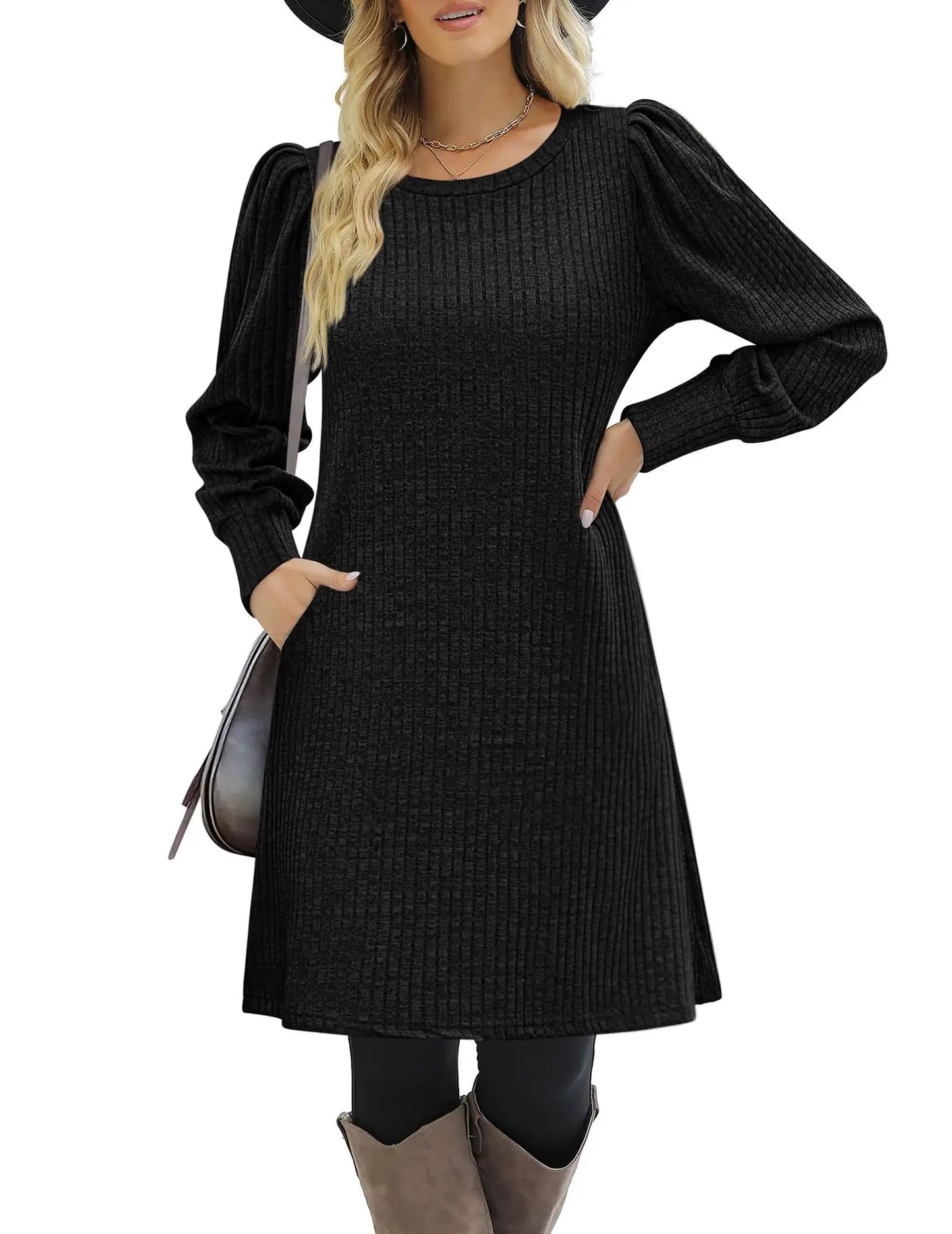 Abito da Donna in Maglia con Maniche a Palloncino e Tasche Laterali Autunno Inverno Comfort Quotidiano