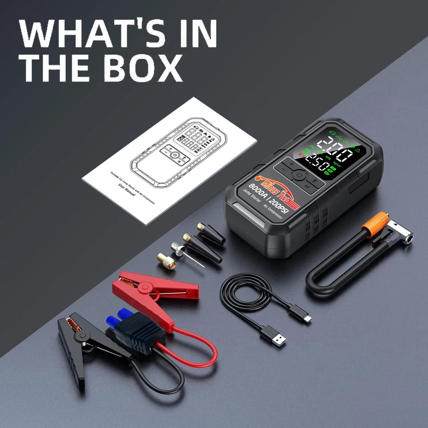Avviatore D'Emergenza Auto 4 In 1 Con Compressore D'Aria Pompa Pneumatici 150 PSI Power Bank Portatile