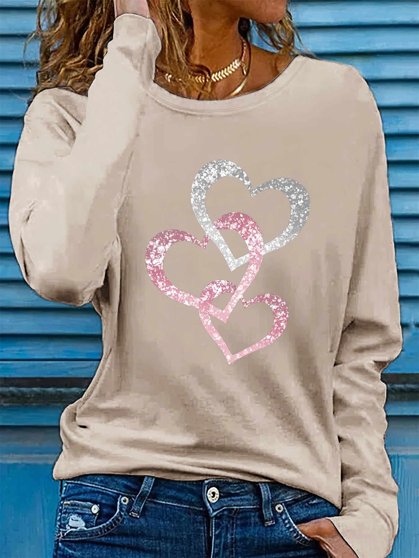 T Shirt Da Donna Maniche Lunghe Con Scollo Tondo Stampa Amore Brillante Moda Casual In Cotone Puro Primavera Autunno