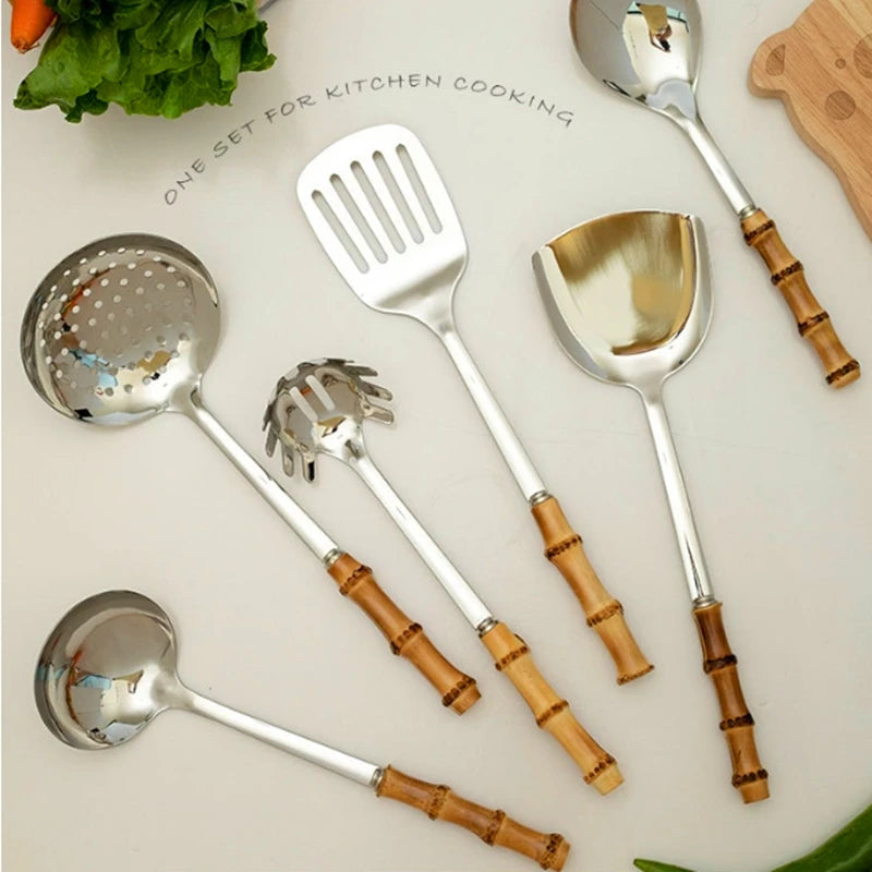 Pala Frittura In Acciaio Inossidabile Con Manico In Bambù Naturale E Cucchiaio Zuppa Giapponese Set Utensili Cucina