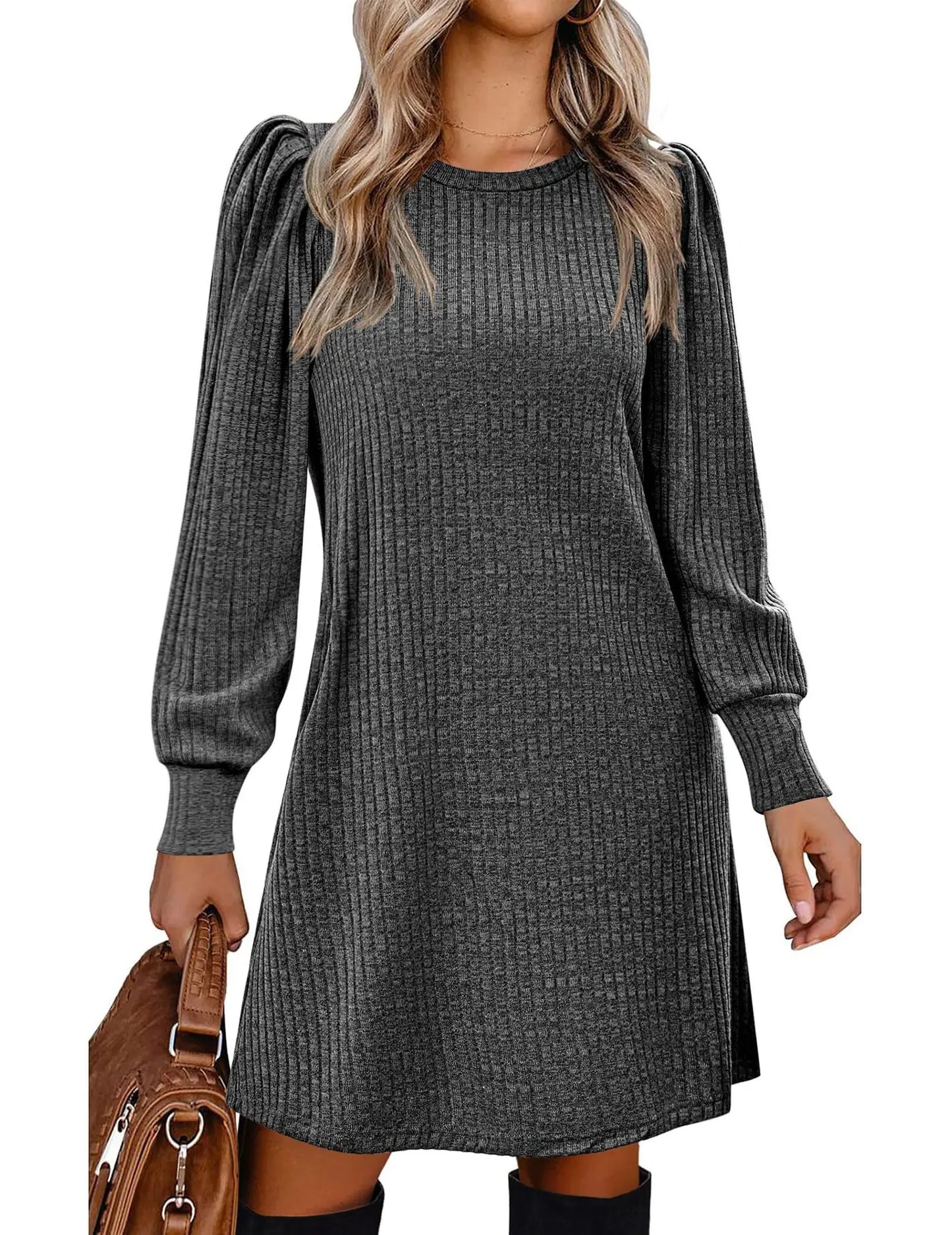 Abito da Donna in Maglia con Maniche a Palloncino e Tasche Laterali Autunno Inverno Comfort Quotidiano