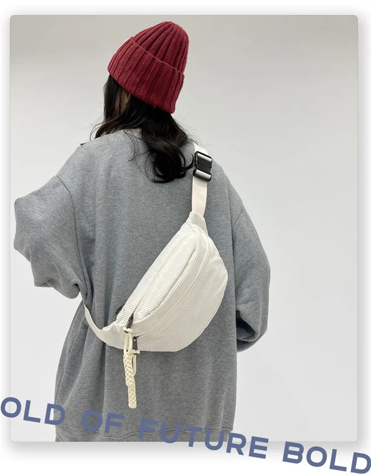 Marsupio Da Donna In Velluto A Coste Grande Capacità Borsa Da Petto Stile Street Tracolla E Cintura Casuale