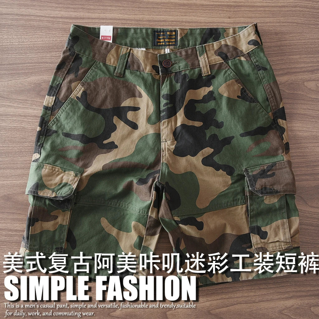 Estate New American Retro Camouflage Cargo Shorts Da Uomo In Cotone Lavato Con Multi Tasche