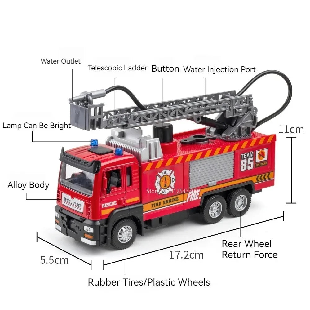 Scala 1:32 Spruzzo D'Acqua Camion Pompieri Modello Con Suono Luce Porte Apribili Tirare Indietro Regalo Ragazzi