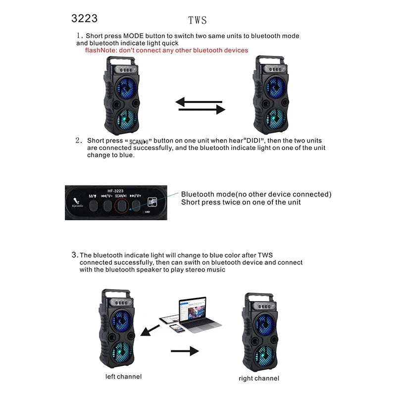 Altoparlante Wireless Portatile Esterno Con Doppio Subwoofer Stereo Da 3 Pollici USB Alimentatore Per Feste Karaoke