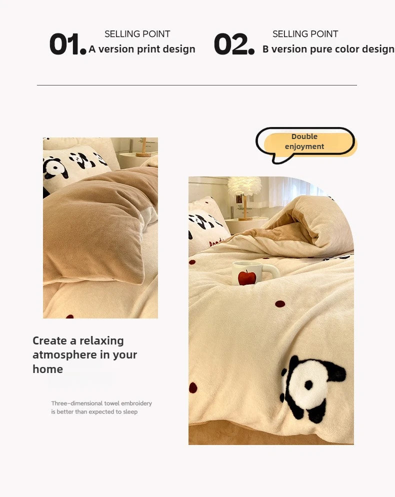 Set Biancheria Da Letto 4 Pezzi In Pile Latte Stampato Invernale Duvet Copripiumino Stile Semplice Accogliente GSM 130