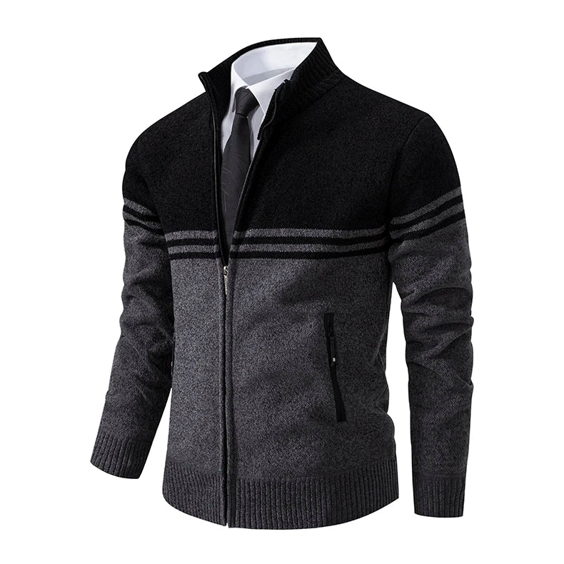 Nuovo Maglione Invernale da Uomo in Pile Spesso con Colletto Coreano e Cerniera Cardigan Casual a Righe