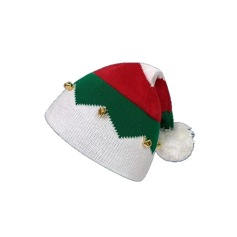 Cappello Natalizio In Lana Lavorata A Maglia Per Mamma E Bambino Con Blocchi Rossi E Campanelle Festose