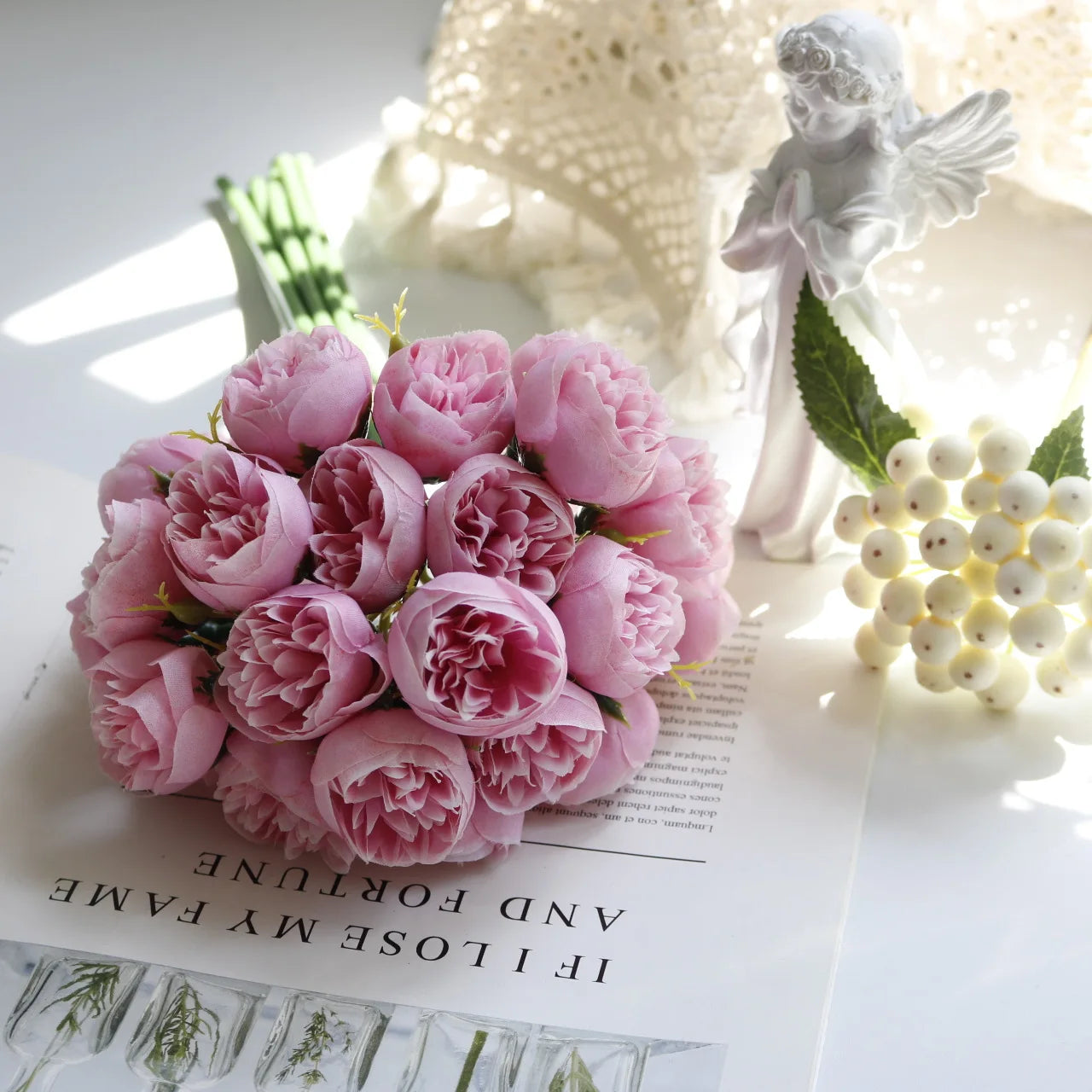 Rosa Rosa Peonia Fiori Artificiali In Seta Bouquet Da 27 Teste Per Vaso Da Tavolo Decorazione Nozze Casa