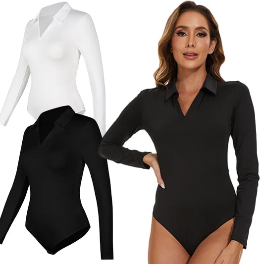 Body sexy da donna a maniche lunghe Colletto rovesciato Scollo a V Shapewear Camicia per il controllo della pancia Camicia per il sollevamento del sedere Compressione senza cuciture