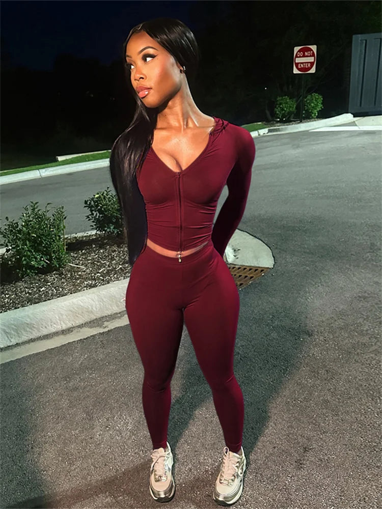 Nibber Sportivo Casual Tuta 2 Pezzi Donna Con Cappuccio Zip Crop Top E Leggings Fitness Morbide Stretch Streetwear