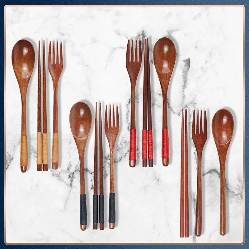 Set Da Tre Posate In Legno Stile Giapponese Bacchette Forchetta E Cucchiaio Per Cucina Utensili Da Casa