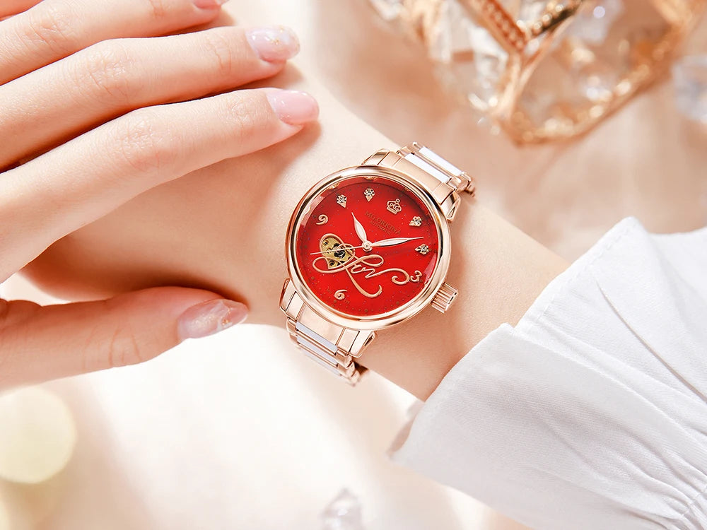 Orologio Meccanico Automatico Da Donna Orkina Classico Scheletrato Lusso Cinturino In Acciaio Inossidabile E Pelle