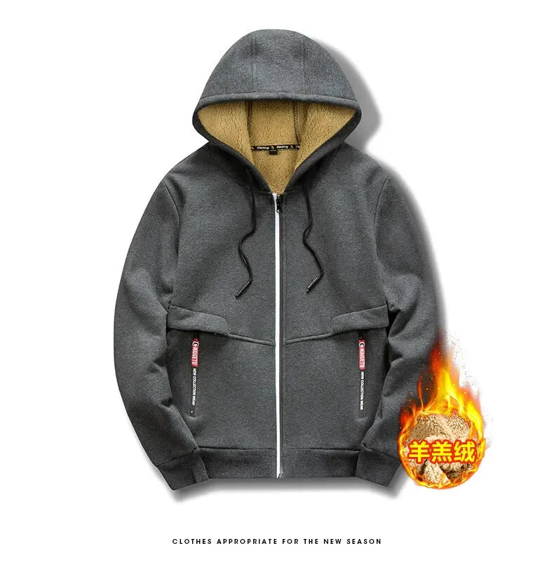Felpa con Cappuccio Calda da Uomo con Fodera in Pile di Agnello Spessa Zip Antivento Abbigliamento Sportivo Casual