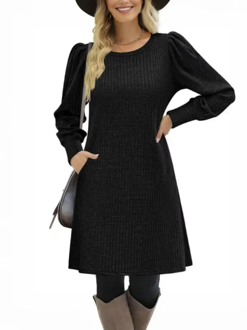 Abito da Donna in Maglia con Maniche a Palloncino e Tasche Laterali Autunno Inverno Comfort Quotidiano