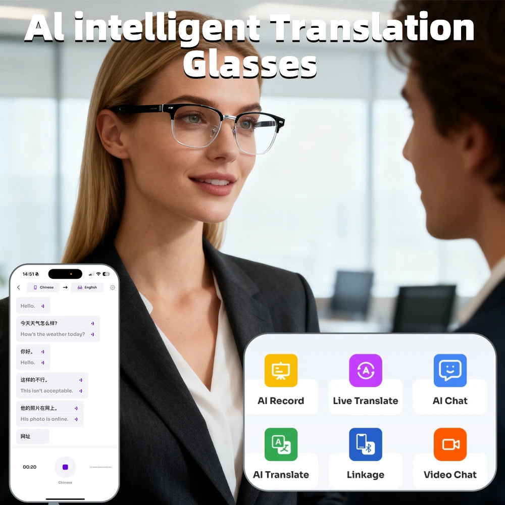 Occhiali Intelligenti Bluetooth Con Assistente Vocale Traduzione AI Chiamate Controllo Fotocamera Luce Blu Uomo Donna