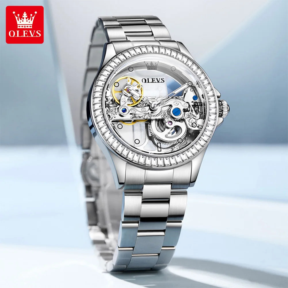 OLEVS 6699 Orologio Meccanico Da Donna Con Lunetta Diamanti Lusso Automatico Di Marca