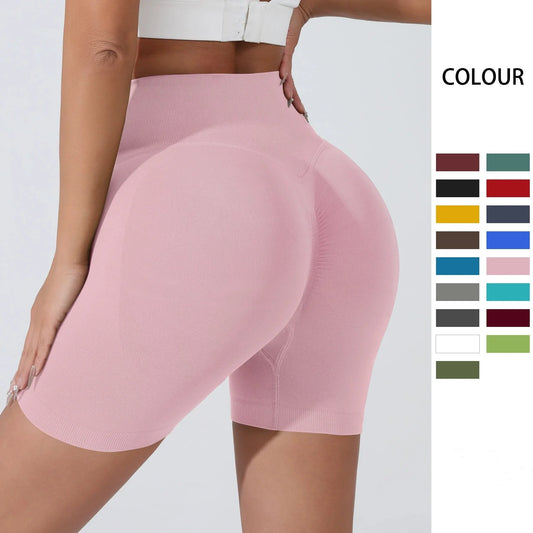Pantaloncini Sportivi Per Il Sollevamento Dell'Anca Donna Vita Alta Color Pesca Da Corsa Ad Asciugatura Rapida Attillati