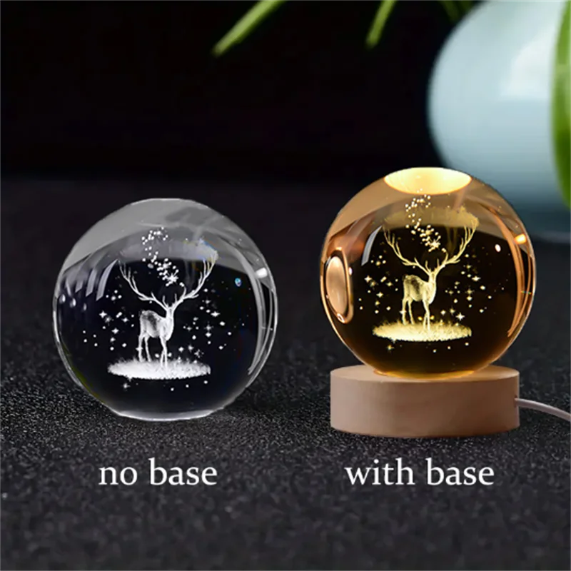 Lampada Notturna Sfera di Cristallo Incisa al Laser Regalo di Compleanno Decorazione da Scrivania con Base USB in Legno