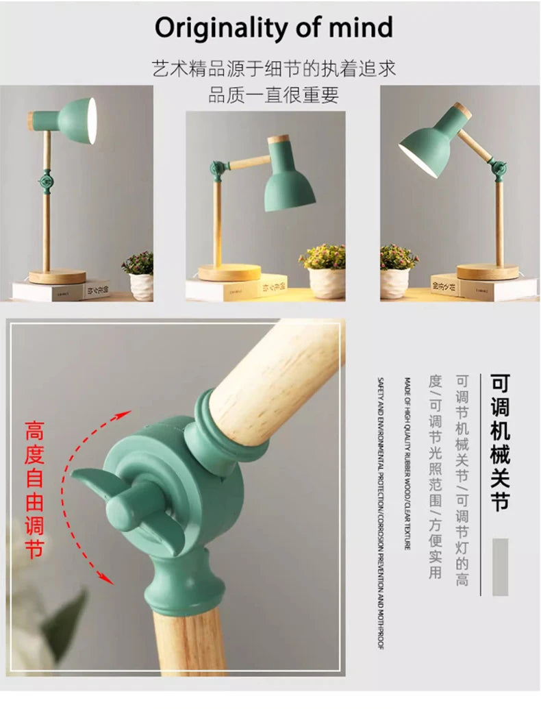 Lampada Da Tavolo Nordica In Legno LED Con Testa Giratoria Per Comodino E Scrivania Protezione Occhi E Lettura Studio
