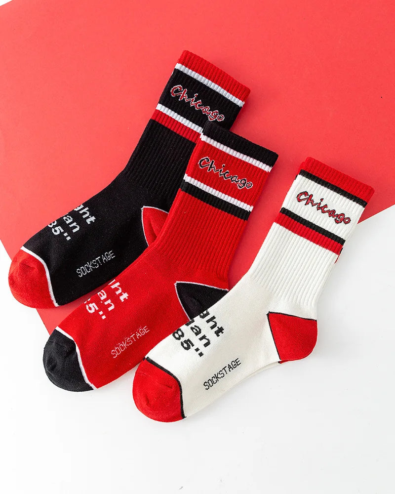 Calzini Unisex In Cotone Casual Per Skateboard Da Strada Neri E Rossi Con Cucitura Rinforzata