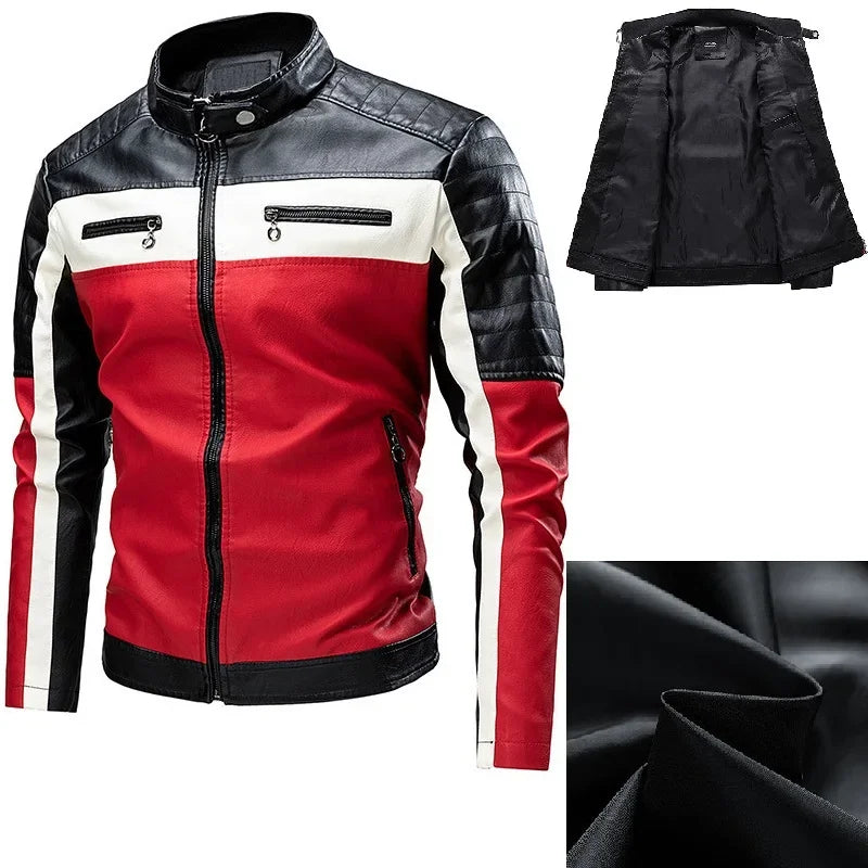 Giacca Da Moto Vintage Uomo Bomber Biker Con Zip Pelliccia Sintetica Cappotto In Pu Nero Rosso Marrone